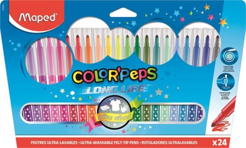 Filctoll készlet, mosható, MAPED "Color'Peps Long Life", 24 különböző szín